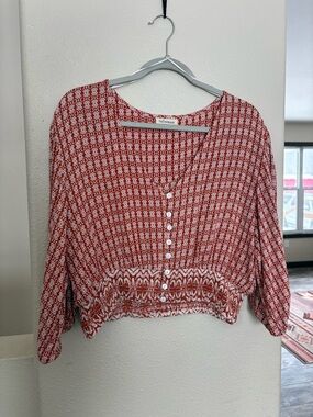 Talisman Red Printed Button-Front Blouse